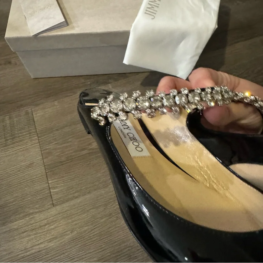 Jimmy Choo Bing Black Patent Leather Crystal Embellished Strap Flats